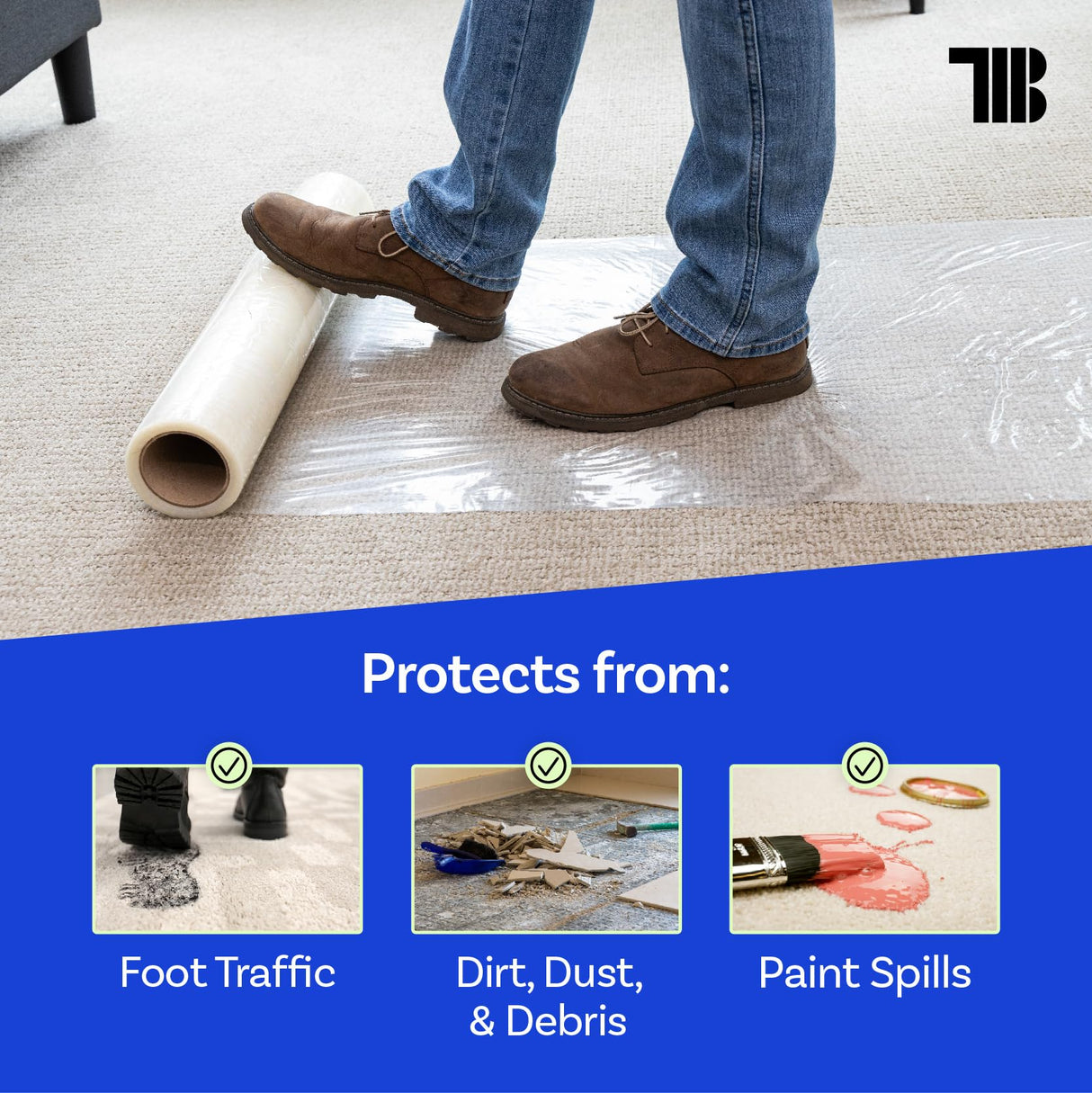 TapeManBlue Carpet Protection Film 24" x 200' roll, Self Adhesive Plastic Carpet Protector Film with Clean Removal & Easy Unwind, Durable Protection Tape to Shield Your Surface from Dirt and Spills