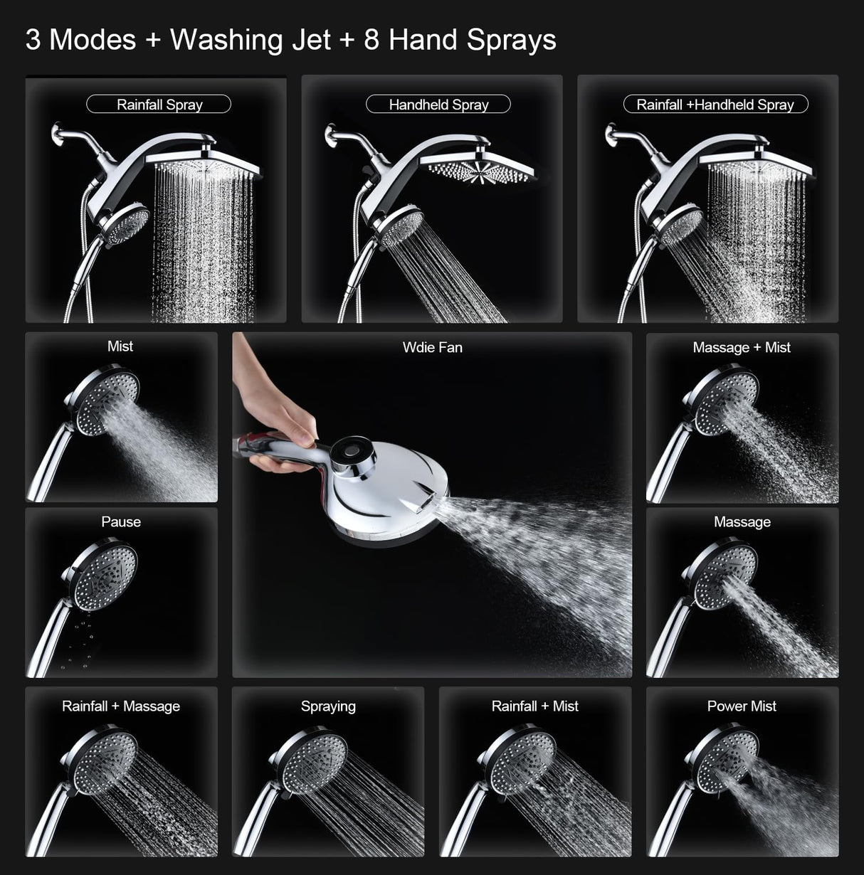 BOZYBO Rain Shower Head with Handheld: High Pressure Shower Heads with Handheld Spray Combo, 12" Rainfall Shower Head and 9 Sprays Hand Showerheads with Magnetic Docking and Power Jets, Chrome