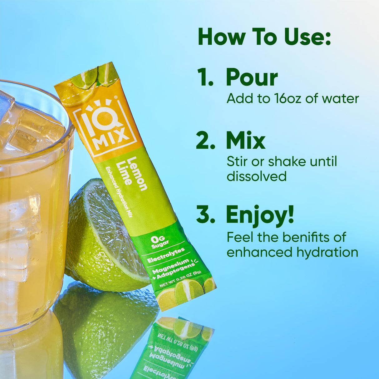 IQMIX Hydration Electrolyte Powder – 4-in-1 Formula for Hydration, Mental Clarity, Mood and Recovery – Sugar-Free Drink Mix, Keto, Magnesium L-Threonate, Lion’s Mane – 20 Count Lemon Lime