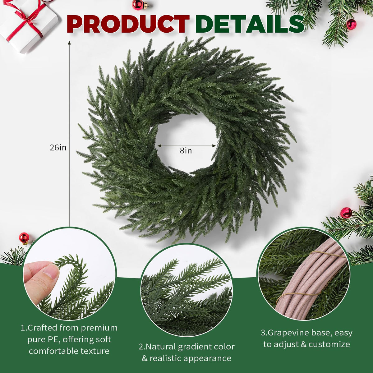 26" Christmas Norfolk Pine Wreath for Front Door (1, Wreath)