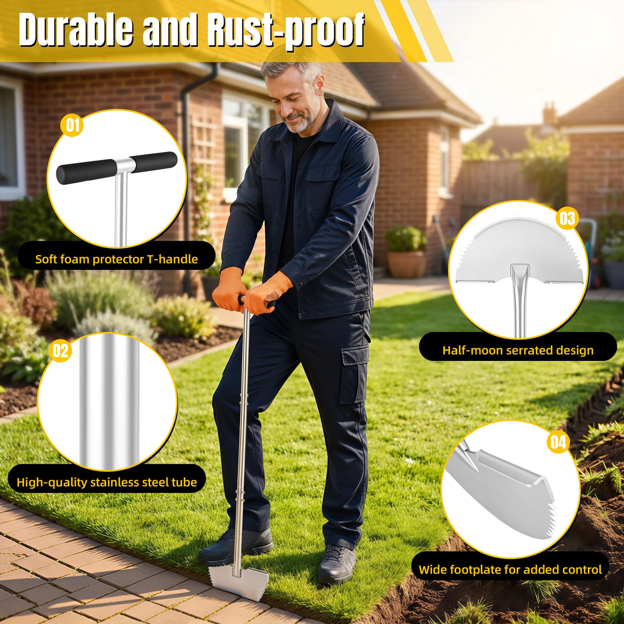 KYEEN-TOOLS Serrated Edger Lawn Tool - Half Moon Shovel with Softer T-Handle, Lawn Edger for Yard, Garden, Landscaping, Sidewalk, Cable Burial - Ergonomic Design, Rust-Proof, 38 in