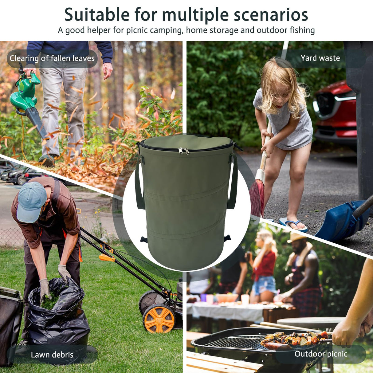 QJXX Pop up Camping Trash can with lid,Collapsible 24 Gallons Trash can with Sorting Clips,Garden Garbage Bag with Lid,Lawn and Leaf Bags - Reusable Yard Waste Bags (Green)