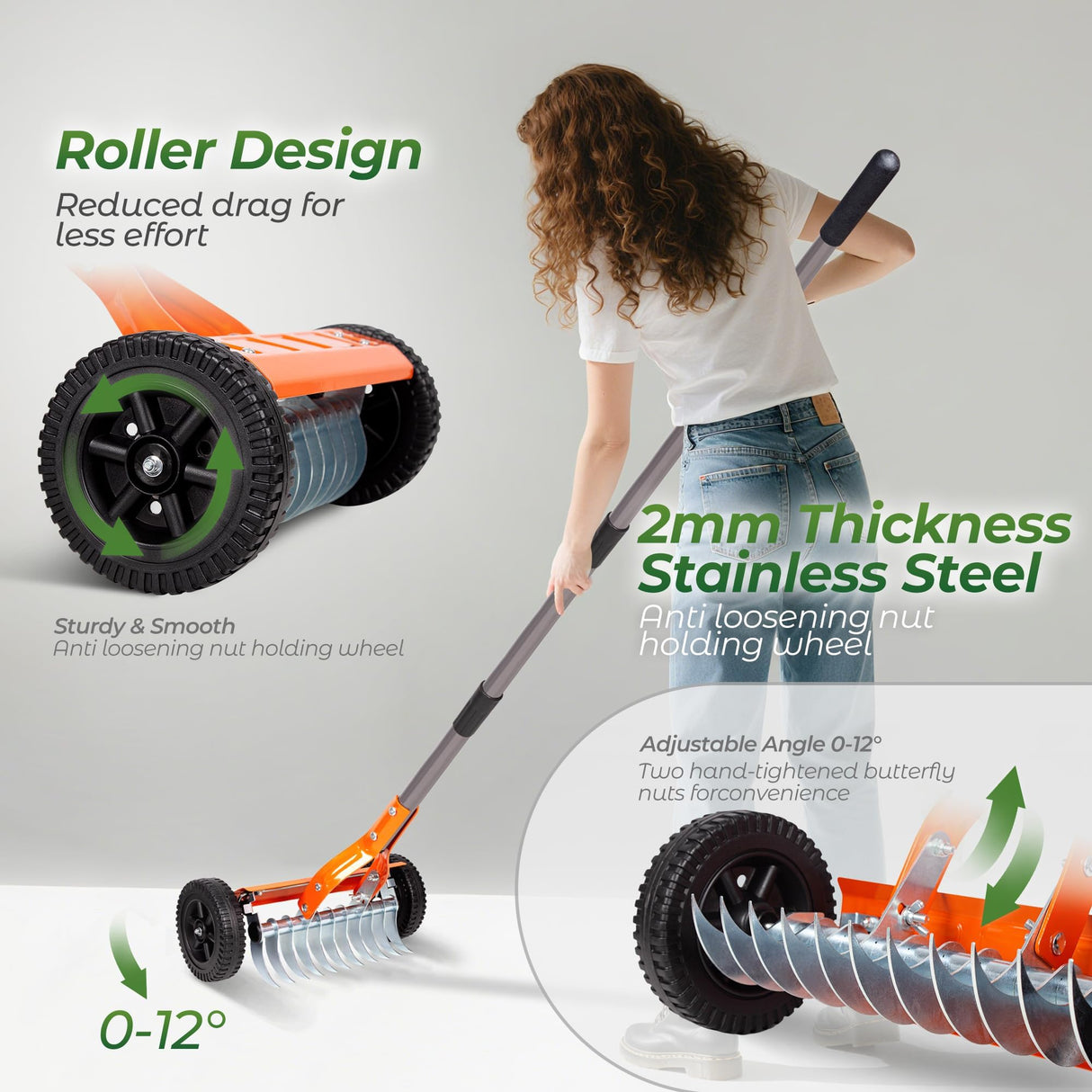 Walensee Manual Lawn Dethatcher Rake with Wheels, Adjustable Handle