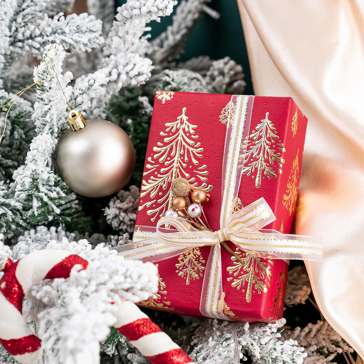 WRAPAHOLIC 30 Inch Jumbo 3D Kraft Christmas Wrapping Paper - 30 Inch x 16.5 Feet - Gold and Red Christmas Tree Wrapping Paper with Embossed Perfect for Holiday, Party Celebration