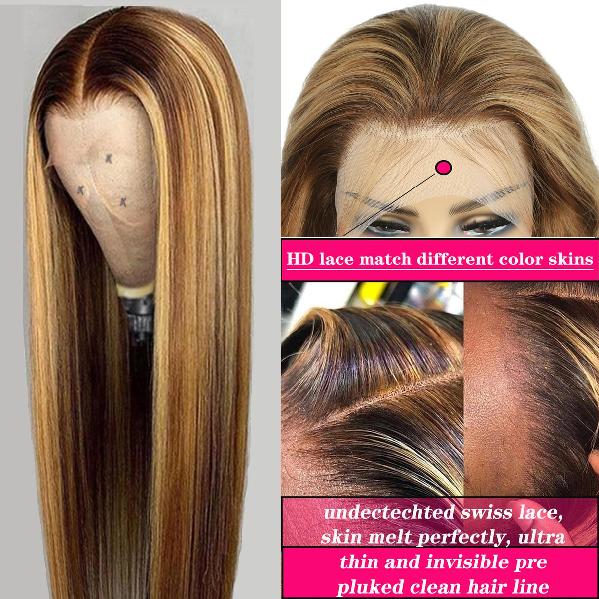 30 Inch 13x4 Highlight Ombre Straight Lace Front Wigs Human Hair Pre Plucked #4/27 Colored Glueless Wigs Honey Blonde Brazilian Lace Frontal Wigs Human Hair for black Women with Baby Hair