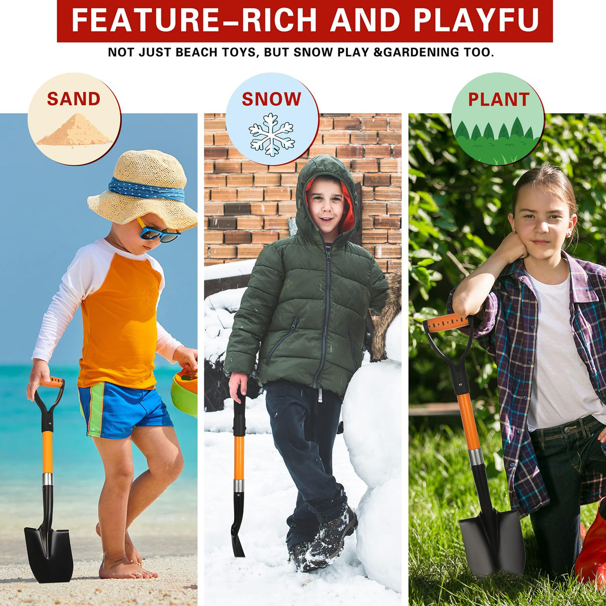 28-Inch Mini Garden Shovel, Kids Small Shovel, Fiberglass Handle with D-Grip & Alloy Steel Head for Car Emergency Kit, Beach, Planting & Light Duty Digging (Orange)