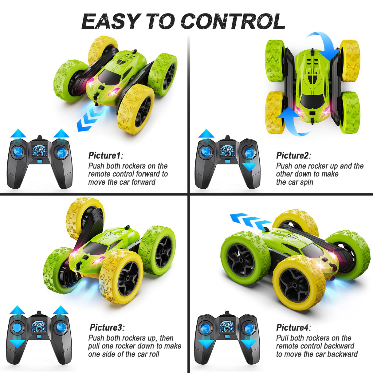 QUNREDA Remote Control Car, RC Car Toys for 6-12 Year Old Boys, Off Road RC Stunt Car 4WD 360° Rotating Remote Control Car for Kids, Boys Girls Gifts for Birthday, Christmas Yellow&Green