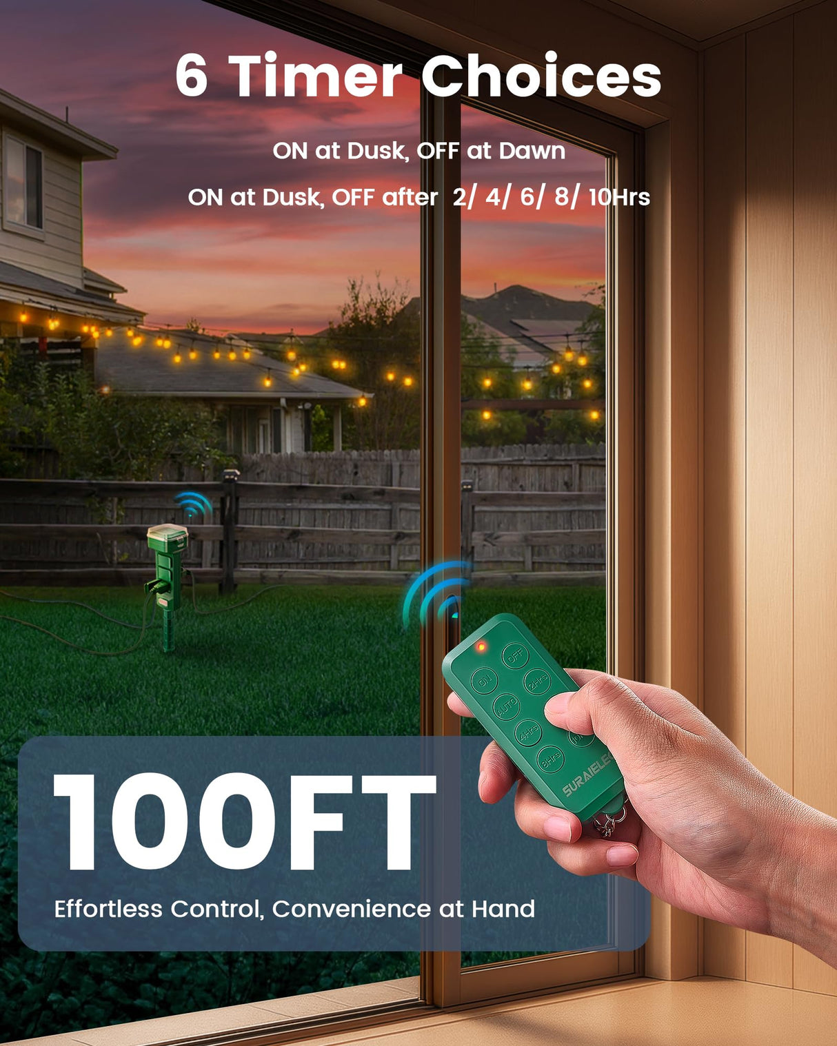 SURAIELEC Outdoor Power Stake Timer Waterproof, 100FT Wireless Remote Control, Dusk to Dawn Timer, 6 Grounded Plug Outlets, 6FT Extension Cord, for Christmas Lights, Garden, Patio Lights