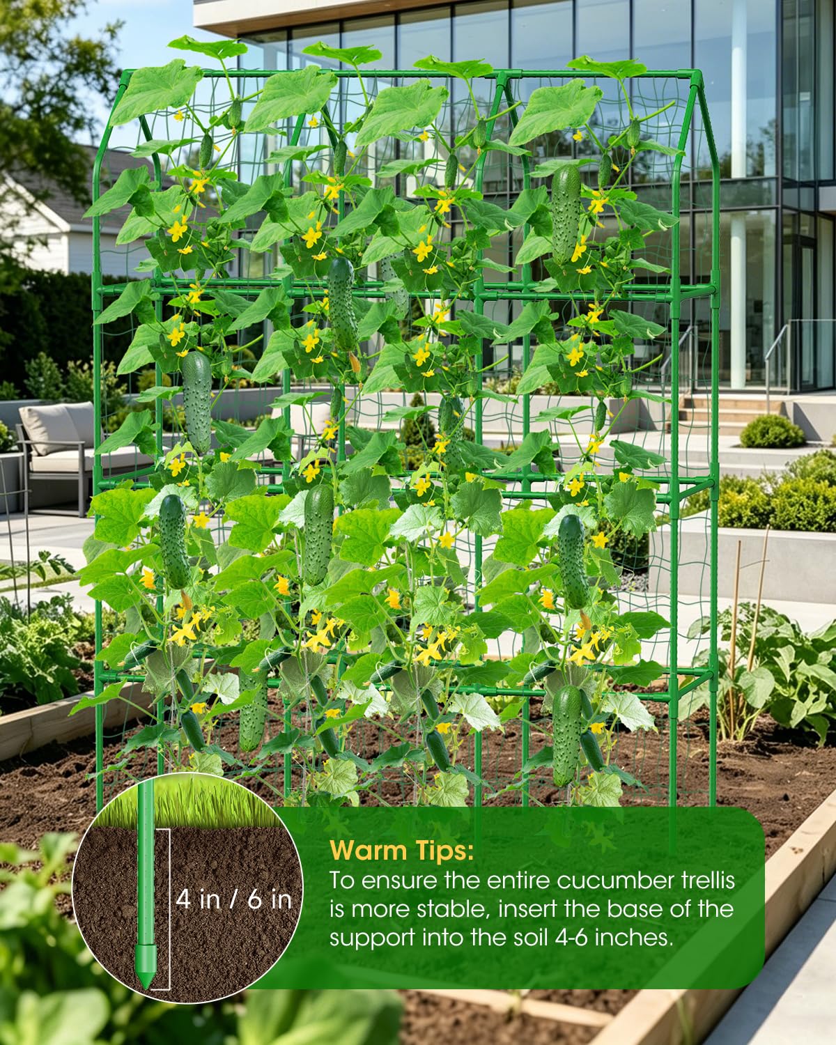 65" Cucumber Trellis for Climbing Plants Outdoor, Metal Garden Trellis for Raised Bed, Plant Support Structures with Netting for Cucumbers Tomatoes Beans Peas (50 * 17 * 65inch(L*W*H), Trellis)