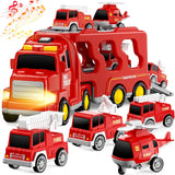 FunMission Toddlers Fire Truck for Kids 3-9 Year Old，5 in 1 Friction Power Vehicle Car for 3 4 5 6 7 Years Old Boys Girls，Carrier Truck Transport Toys for Christmas and Birthday Gifts