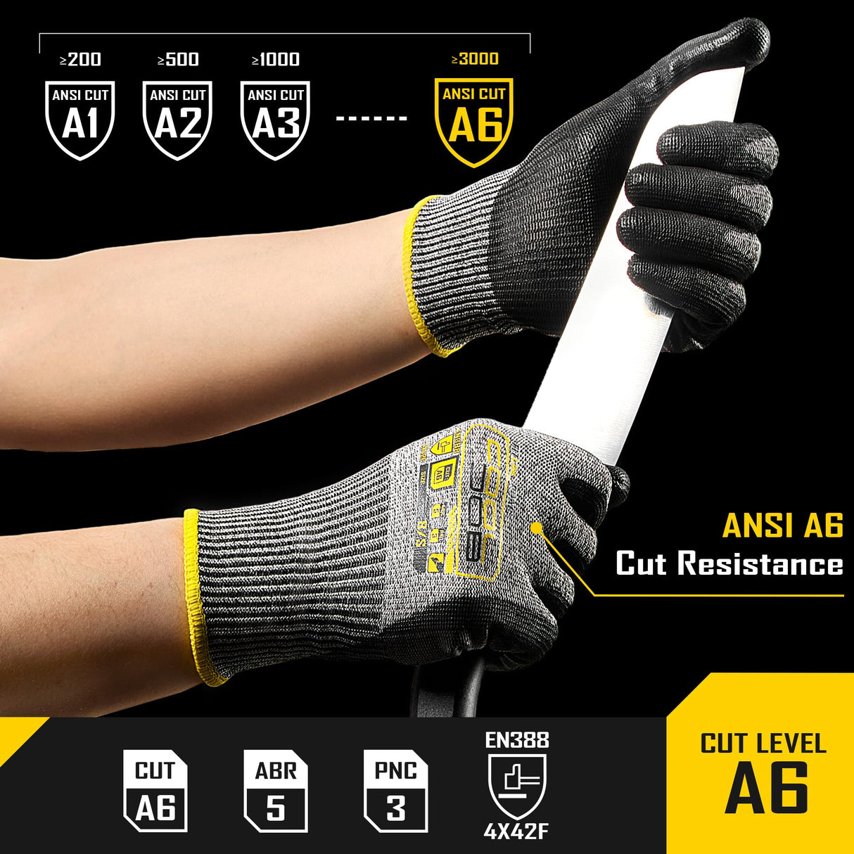 COOLJOB 12/120 Pairs A6 Cut Resistant Safety Work Gloves with Grip, Breathable & Lightweight Polyurethane PU Coated Protective Gloves for Wood Carving, Glass Handling, Mechanic Work, Gray Xlarge