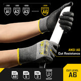 COOLJOB 12/120 Pairs A6 Cut Resistant Safety Work Gloves with Grip, Breathable & Lightweight Polyurethane PU Coated Protective Gloves for Wood Carving, Glass Handling, Mechanic Work, Gray Xlarge