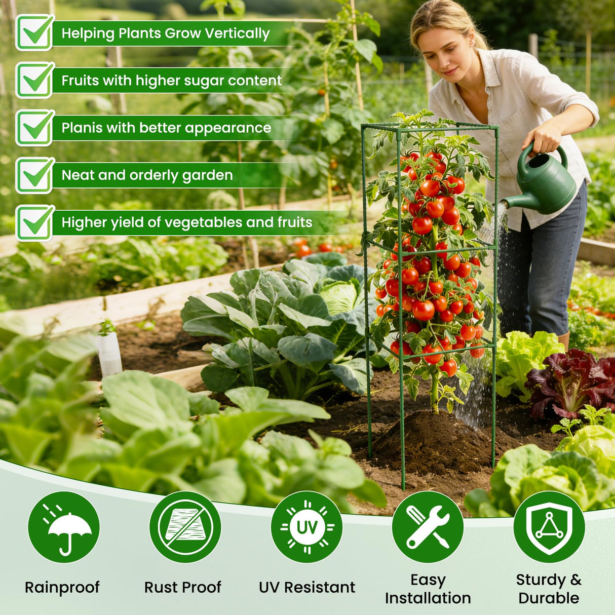 3 Pack Tomato Cages, 48'' Tall Tomato Plant Stakes Support for Raised Garden Bed Tomato, Square Trellis Cages for Garden Climbing Vegetables Flowers Fruits