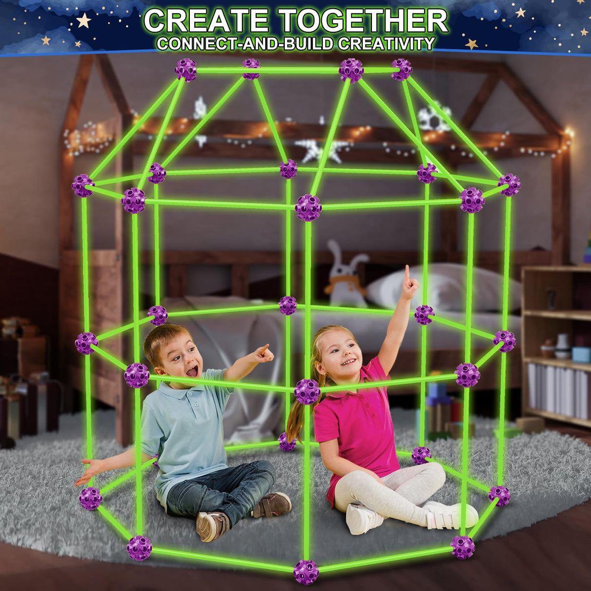 V-Opitos 140 Pack Glow in The Dart Fort Building Kits for Kids Age 4, 5, 6, 7, 8+ Years Old, STEM Building Toys for DIY Castles, Tunnels, Ideal Christmas, Birthday Gifts for Boys & Girls