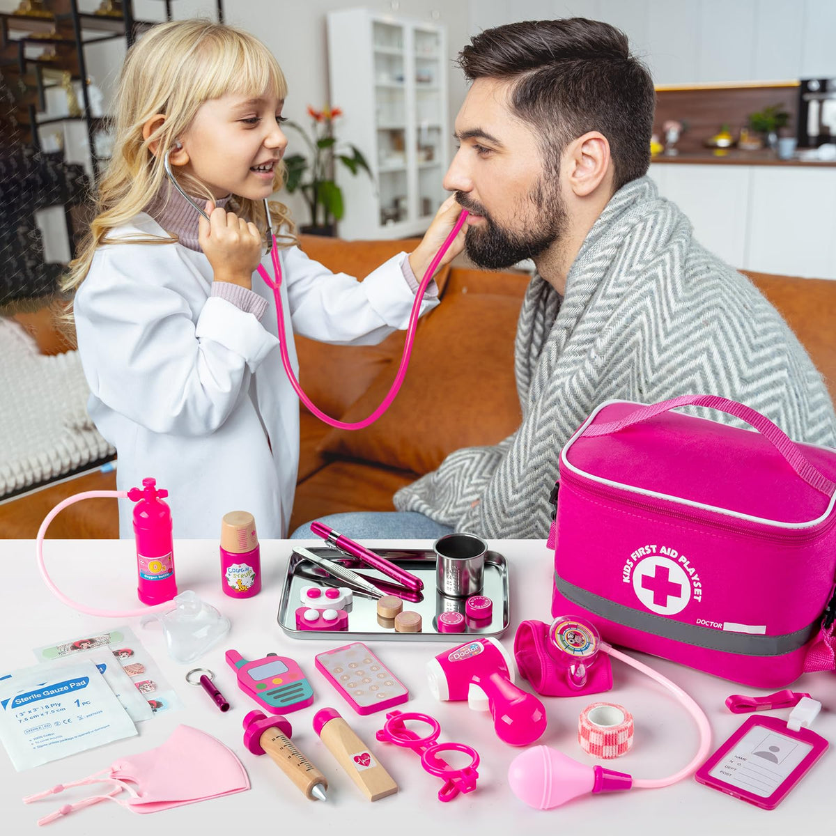 EFO SHM Doctor Kit for Kids Girls, 34 Pcs Kids Doctor Kit for Toddlers 3-5 with Medical Storage Bag & Real Stethoscope, Pretend Play Set for Boys Girls Fun Role Playing Game