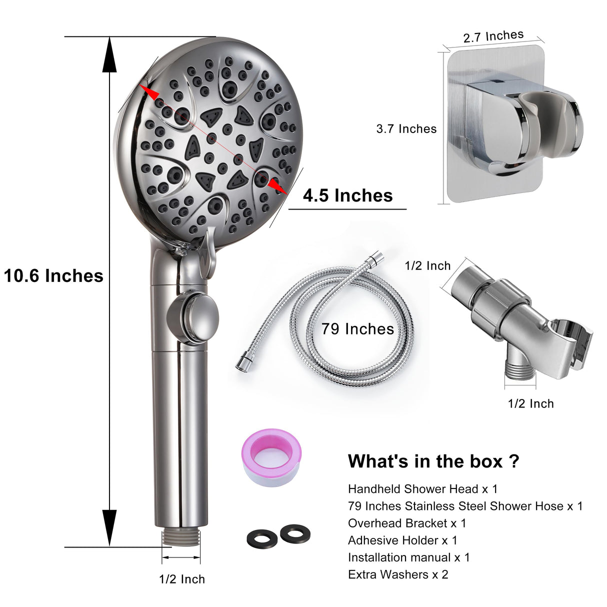 GwernKB Handheld Shower Head with On Off Switch 8-Mode High Pressure Showerhead with 79 Inches Extra-long Stainless Steel Hose and Bracket PLUS Extra Low-Reach Adhesive Wall Mount for Kids,Silver…