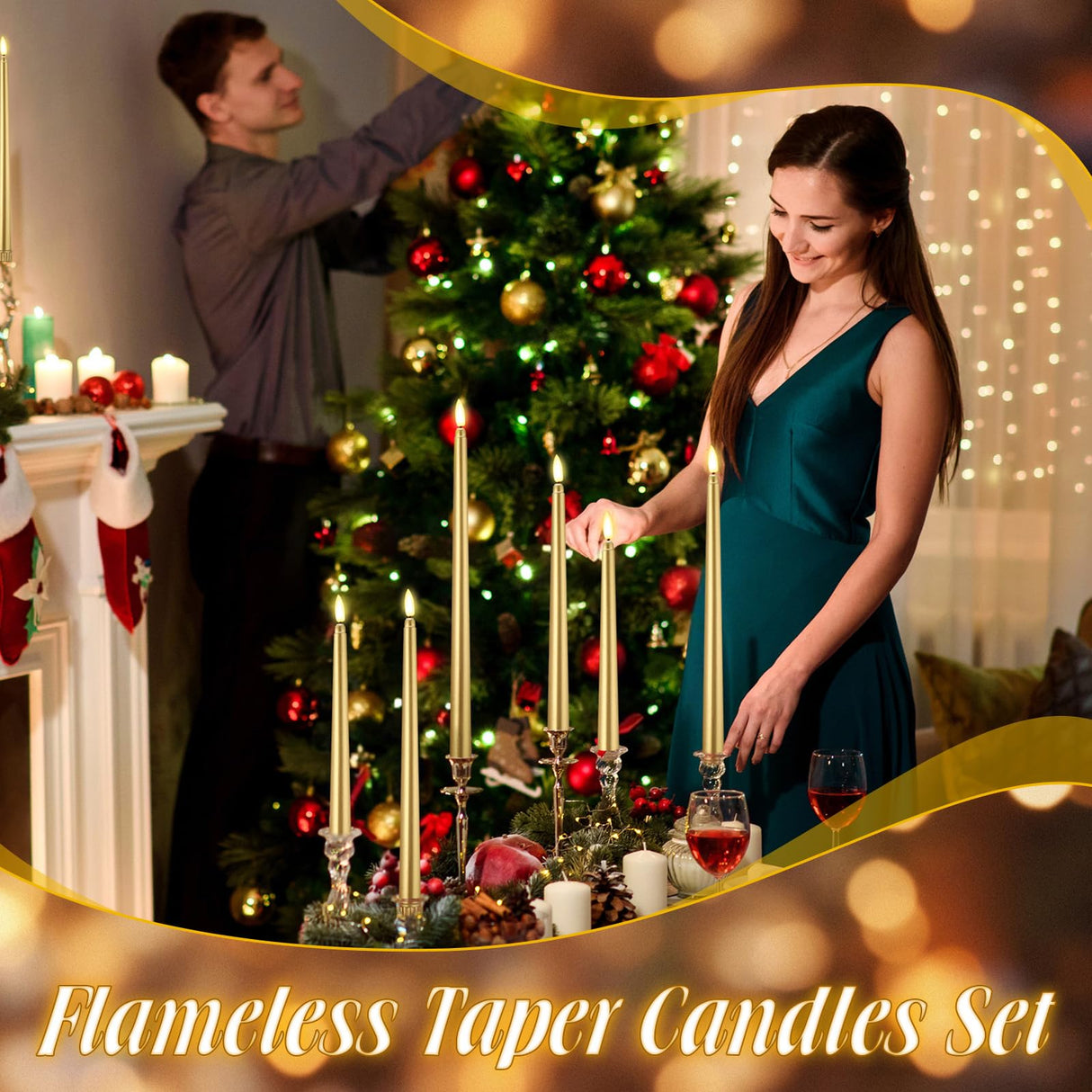 Rossesay 24 Pcs Flameless LED Taper Candles Battery Operated Candles 8.58'', 9.69'', 10.98'', 12.91'', 12.8'' Flameless Candlesticks Flickering for Halloween Christmas Church Wedding(Golden)