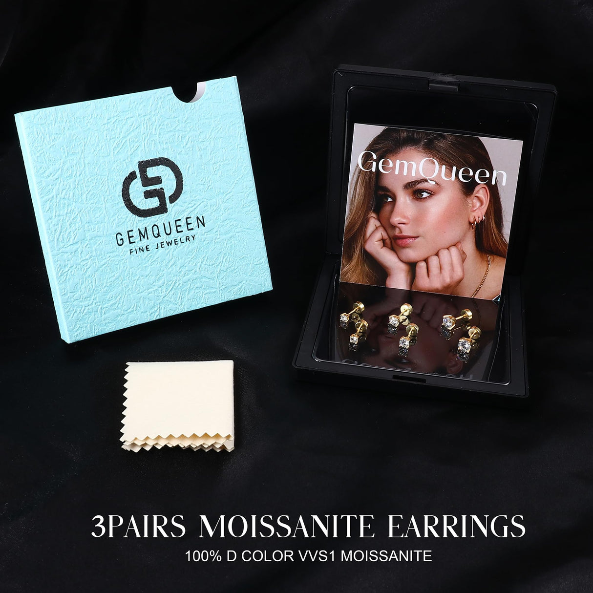GEMQUEEN 3 Pairs Moissanite Earrings Studs 14K Gold Plated S925 Sterling Silver Flat Back Earring for Women Men - Hypoallergenic Set Cartilage Helix Piercing Jewelry D Color VVS1 1.8CT