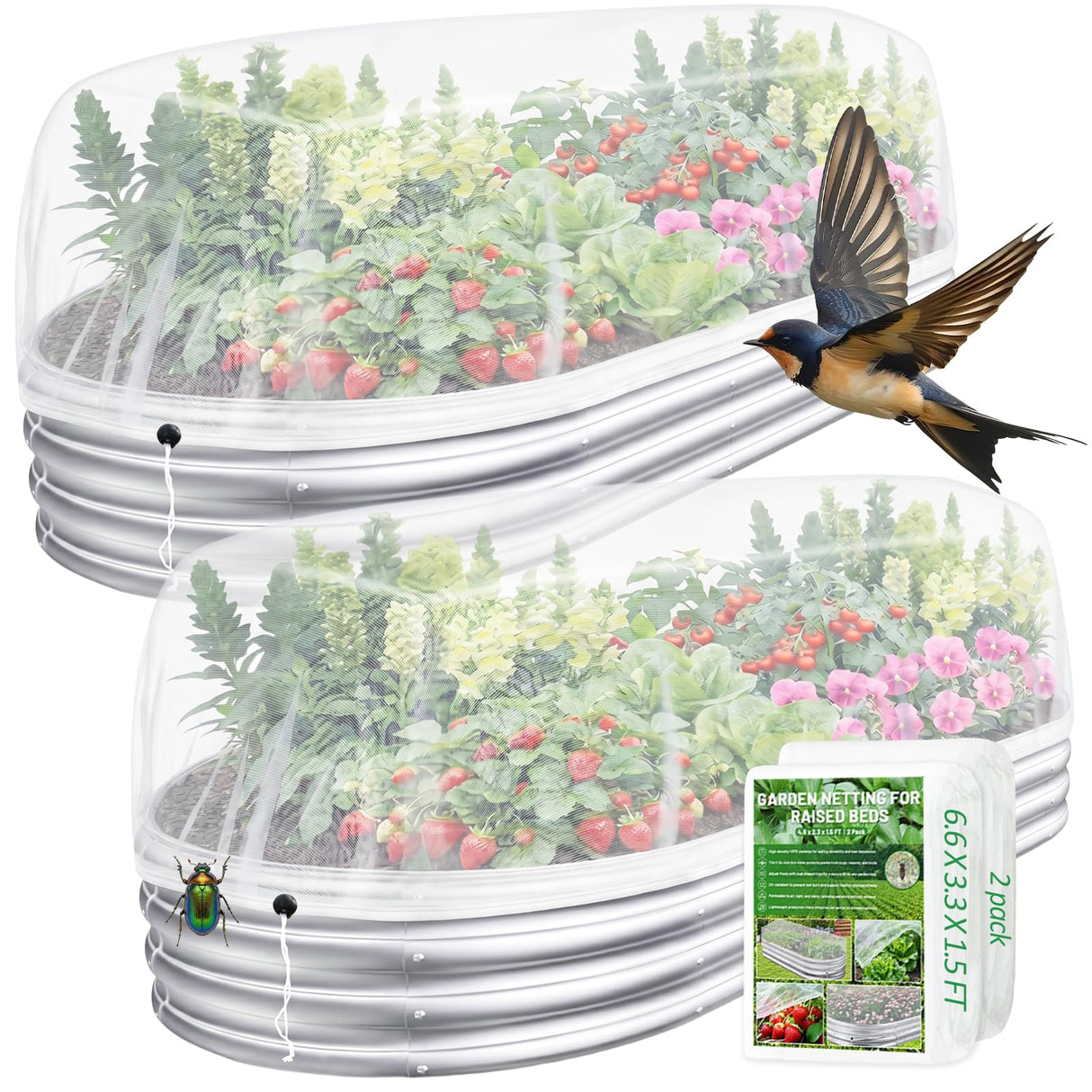 Sunwinx 2 Pack Garden Netting for Raised Beds, 6x3FT Raised Bed Cover for Garden Protection, Ultra Fine Mesh Bird Netting Pest Barrier Screen with Drawstring for Protecting Vegetables Fruits Flowers
