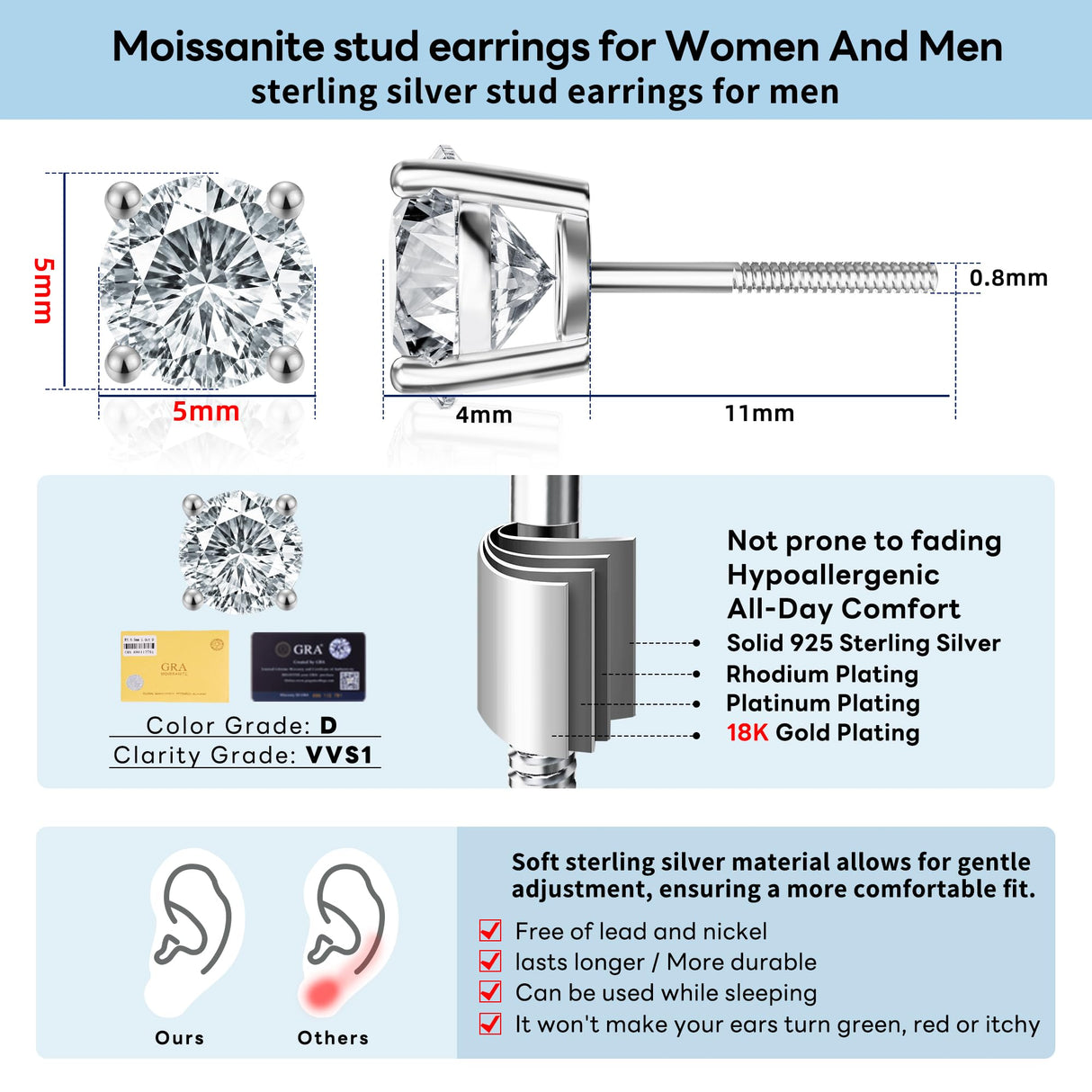Moissanite Screw Back Earrings Men Women, Substitute Diamond Stud Earrings