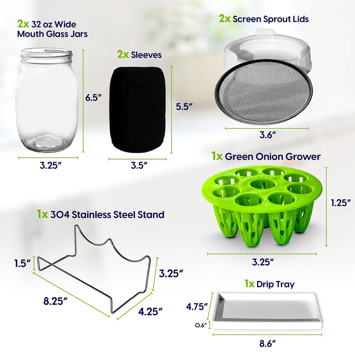 Premium Seed Sprouting Kit & Green Onion Regrower – 2 Wide-Mouth Mason Jars with Sprout Lids, Stainless Stand, Drain Tray, Blackout Sleeves & Cleaning Brush for Broccoli, Alfalfa & Mung Beans