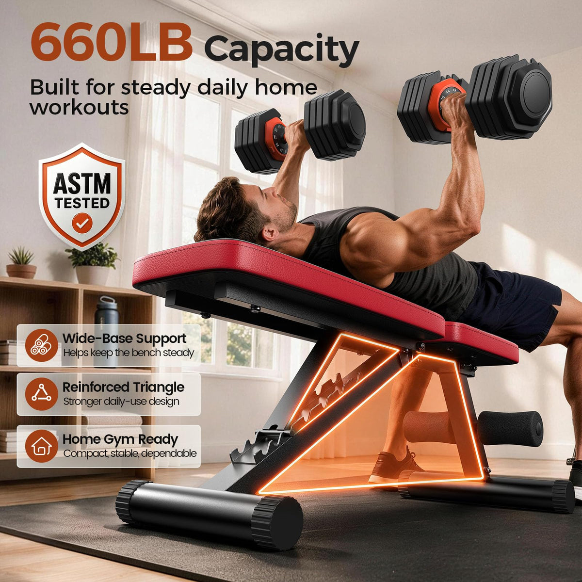 NICEPEOPLE Adjustable Weight Bench for Home Gym, 660LBS Capacity Workout Bench with 8 Backrests for Chest Shoulders Arms, Compact and Foldable Strength Bench for Small Space Apartment Room (XL)