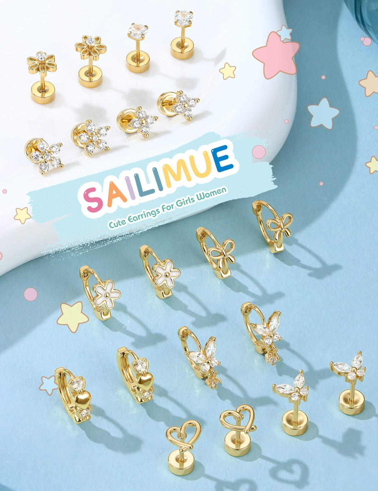 SAILIMUE Hypoallergenic Flat Back Earrings for Girls Women - Cute Toddler Kids Earrings Set Surgical Stainless Steel Earring for Sensitive Ears Small 14K Gold Plated Stud Hoop Earring Stacks