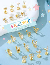 SAILIMUE Hypoallergenic Flat Back Earrings for Girls Women - Cute Toddler Kids Earrings Set Surgical Stainless Steel Earring for Sensitive Ears Small 14K Gold Plated Stud Hoop Earring Stacks