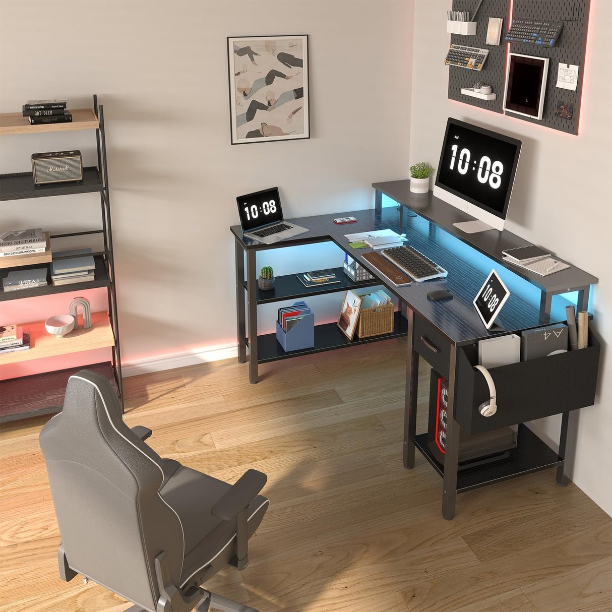 Lufeiya L Shaped Gaming Desk with Fabric Drawers and Storage Shelves, 47 inch Home Office Desk with Monitor Stand, Computer Desk with LED Lights and Power Outlets, Black