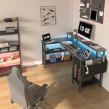 Lufeiya L Shaped Gaming Desk with Fabric Drawers and Storage Shelves, 47 inch Home Office Desk with Monitor Stand, Computer Desk with LED Lights and Power Outlets, Black
