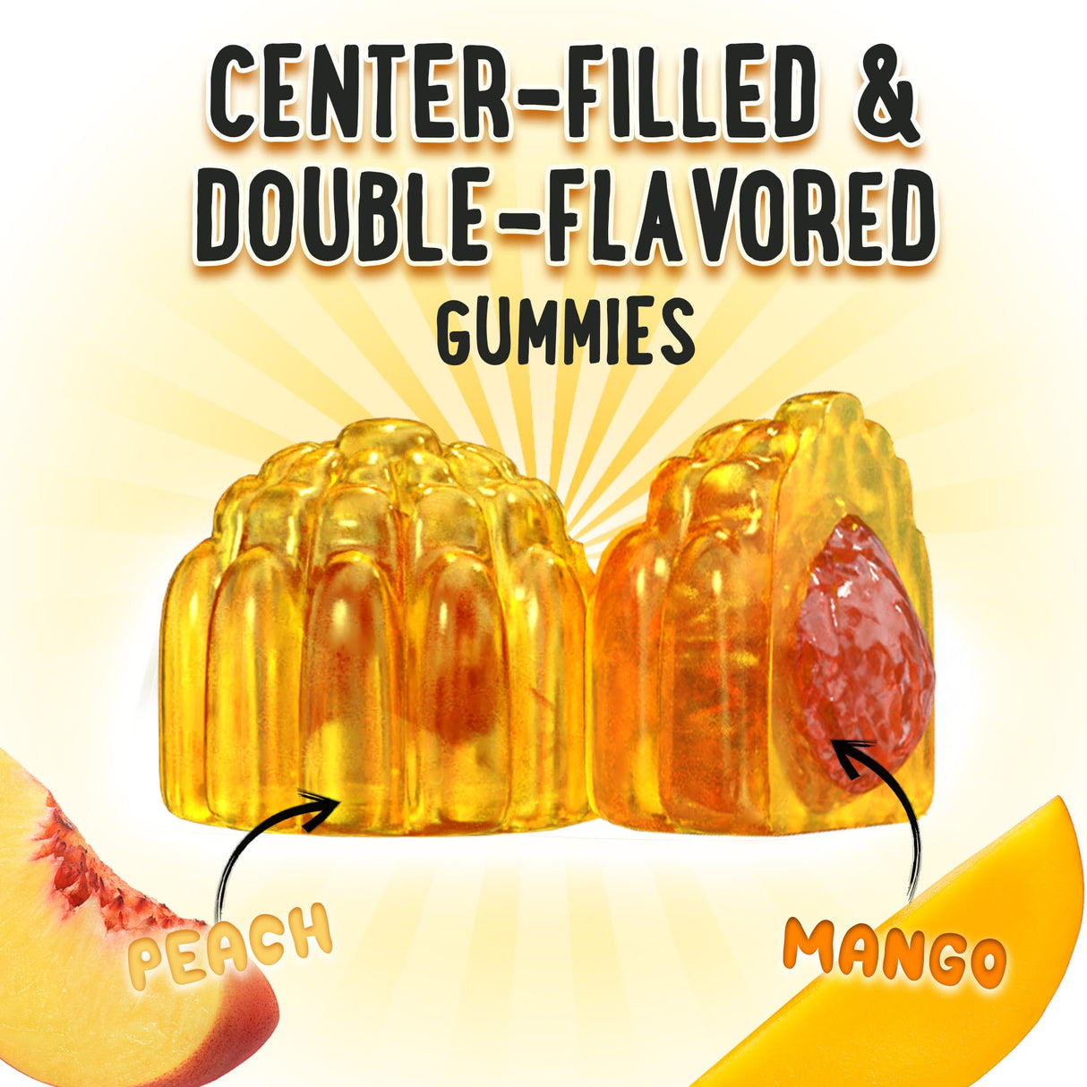 OH MY CHEWY Center-Filled Bones & Growth Support Gummies - Supplement Vitamins for Kids & Teens with Calcium, Astragalus, D3, K2, L-Arginine, Glutamine & Omithine HCI - Peach & Mango - 60 Count