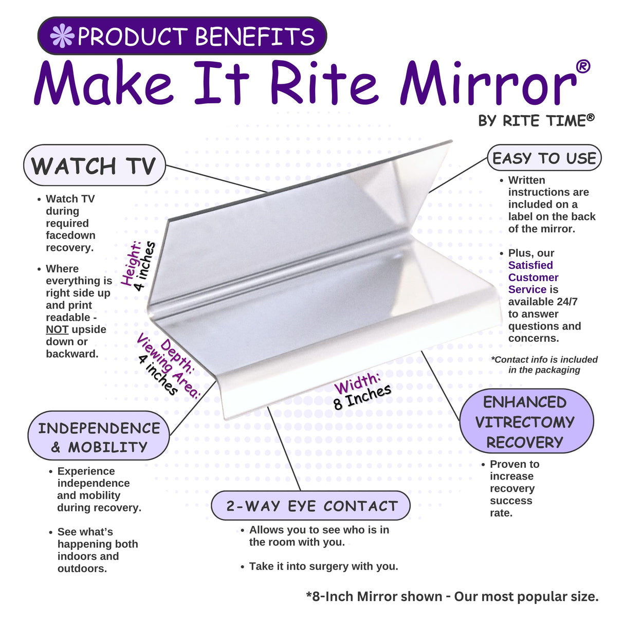 8" Wide 2-Way Make It Rite Mirror for Face Down Vitrectomy Eyesight and Proning Lung Recovery | Easy to Watch TV During Face Down Recovery