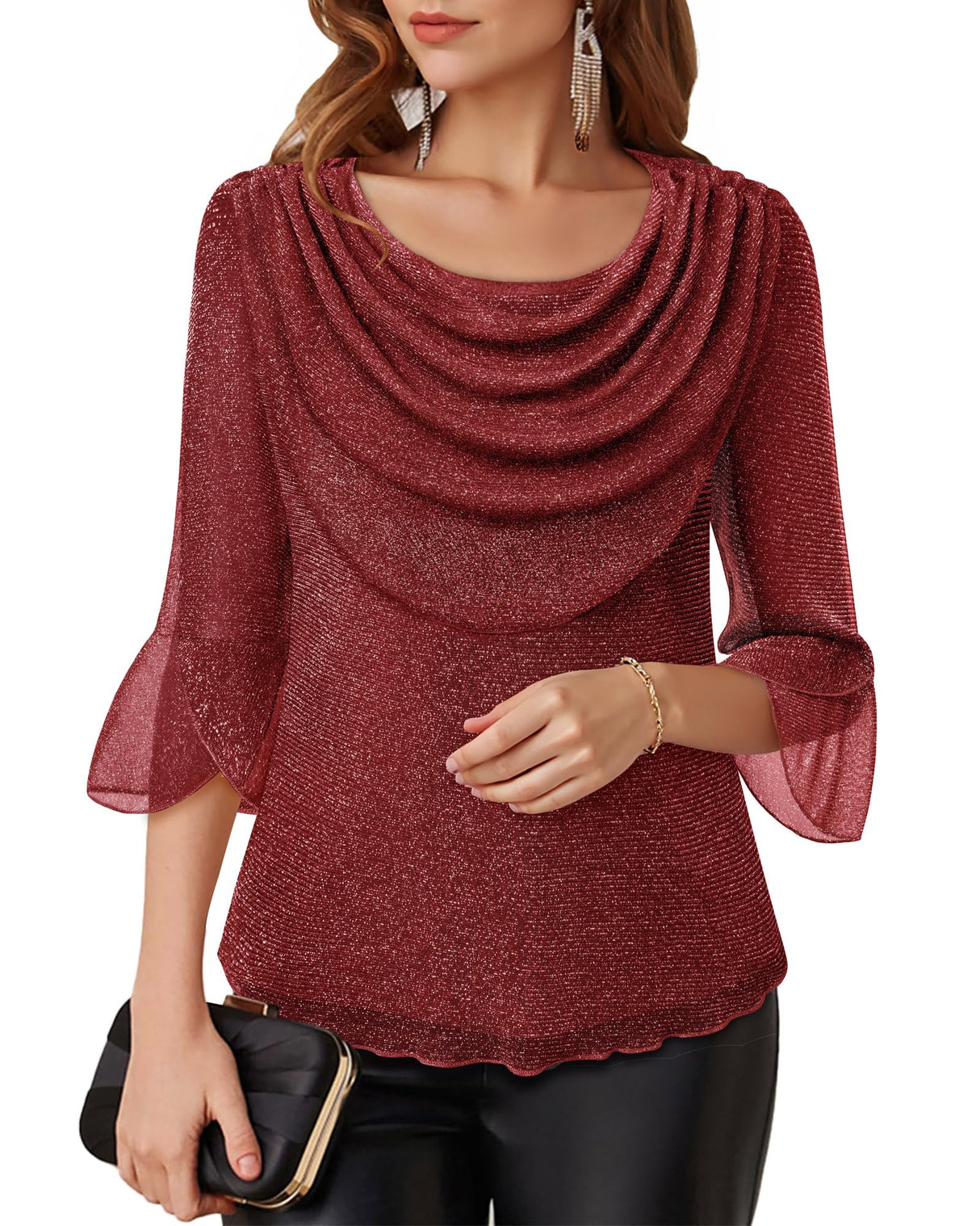 Lotusmile Sparkly Christmas Tops for Women: Womens Blouses Dressy Casual - 3/4 Sleeve Blouses Cowl Neck Shirts for Women Wedding Guest Dressy - Mesh Festive Red Women's Clothing Christmas Party Red XL