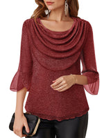 Lotusmile Sparkly Christmas Tops for Women: Womens Blouses Dressy Casual - 3/4 Sleeve Blouses Cowl Neck Shirts for Women Wedding Guest Dressy - Mesh Festive Red Women's Clothing Christmas Party Red XL