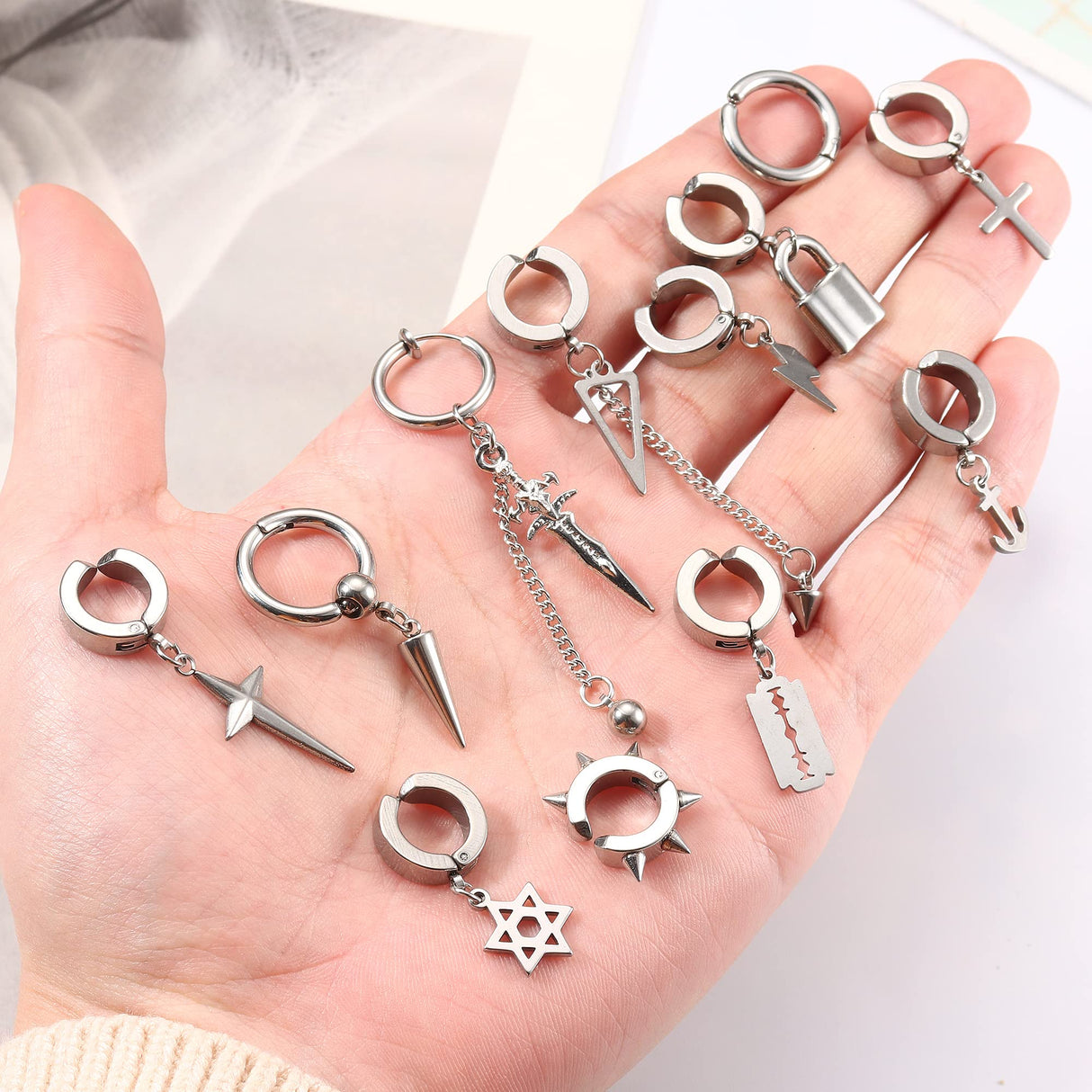 THUNARAZ 25Pcs Clip on Earrings for Men Cross Dangle, Fake Earrings