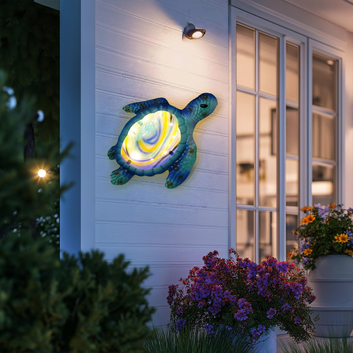LIFFY Sea Turtle Decor Ocean Nautical Beach Wall Art Metal Glass Sea Turtle Bathroom Decor with LED Fairy Lights, 15" Indoor Outdoor Wall Art Sculpture for Patio,Pool,Beach,Garden,Yard,Home Gift