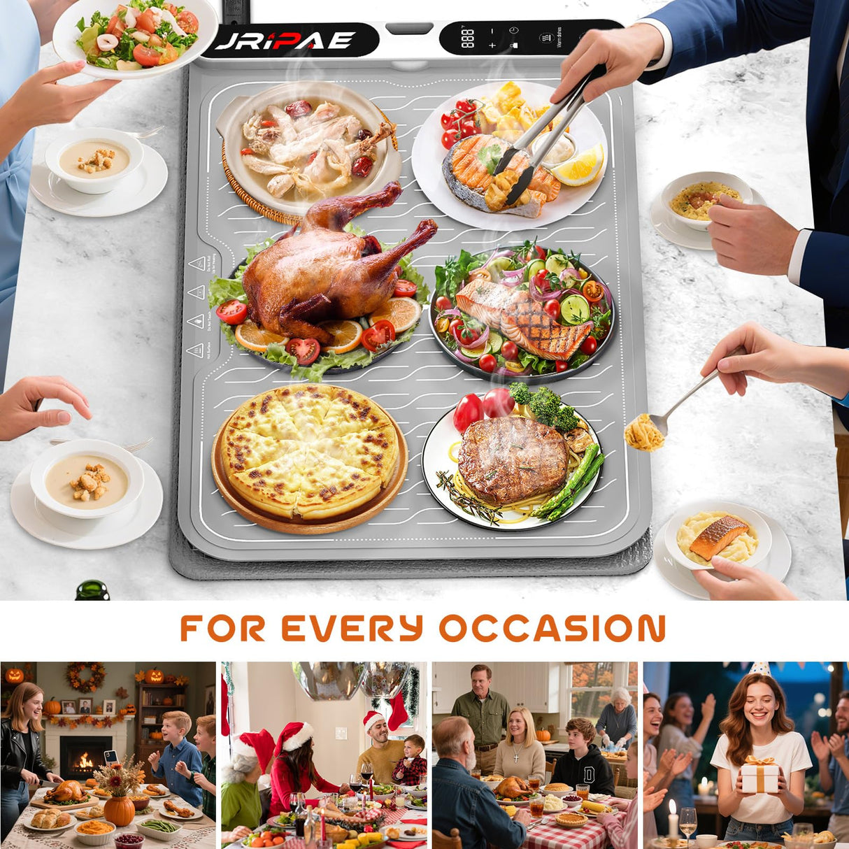 Jripae Warming Mat for Food, Fast Heating Silicone Electric Warming Tray with Heat Resistant Pad Protects Table,7 Level Temp, 8H Timer, Portable & Rollable Food Warmers for Parties Buffet, Daily Use