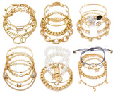 17IF 25 PCS(6 Pack) Dainty Boho Gold Chain Bracelets Set for Women Stackable Chunky Multipack Layered Bangles Adjustable Flat Cuff Cuban Punk Charm Bracelet Bundle Jewelry
