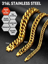 FaithHeart Gold Cuban Link Bracelet for Men, 8/12/17mm Width Stainless Steel Gold Wrist Chain Bracelets Hip Hop Jewelry 7.5/8.3/9.1 Inch Length for Valentine's Day/Father's Day/Birthday/Christmas