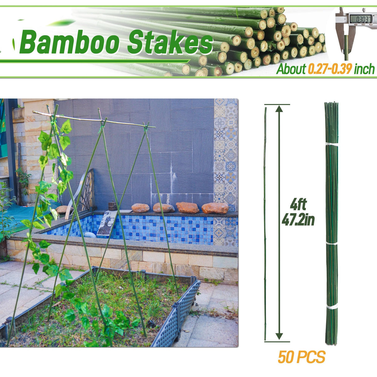 50Pcs 4ft Bamboo Sticks for Indoor Outdoor Plants, 0.29"-0.38" Natural Bamboo Poles, Durable Garden Stakes for Tomatoes, Beans, Flowers and Potted Plants