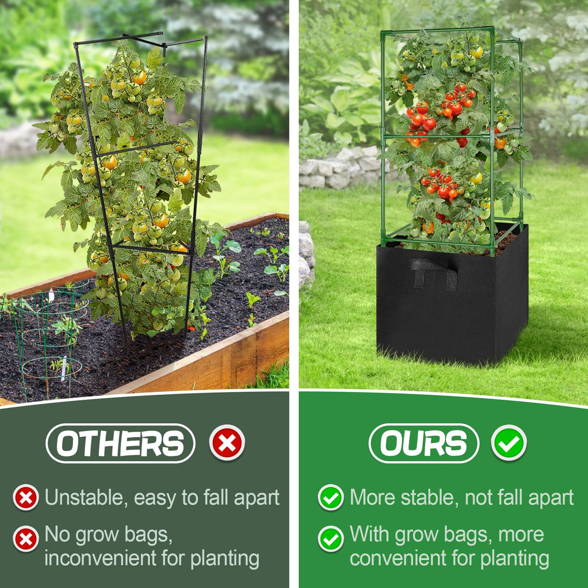 ANPHSIN Sturdy Square Tomato Cage with Movable 17 Gal Grow Bags, 3 Sets