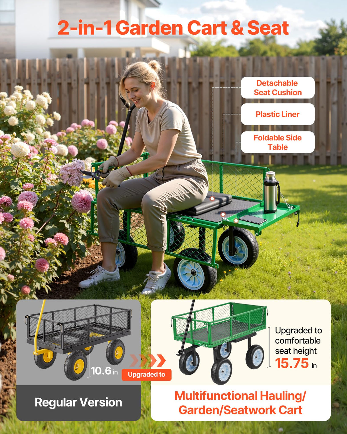 VEVOR 500 LBS Steel Garden Cart with Work Seat, Heavy Duty Garden Wagon Cart on Wheels, Outdoor Metal Utility Yard Wagon Gardening Stool with 10inch Flat Free Tires & Adjustable Handle, Green