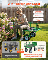 VEVOR 500 LBS Steel Garden Cart with Work Seat, Heavy Duty Garden Wagon Cart on Wheels, Outdoor Metal Utility Yard Wagon Gardening Stool with 10inch Flat Free Tires & Adjustable Handle, Green