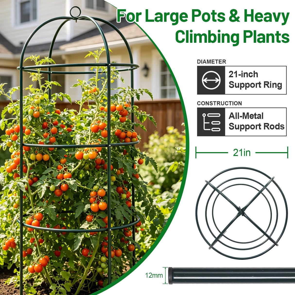 Trellis for Climbing Plants Outdoor, 60" Tall, 21" Dia, Heavy Duty Metal Garden Trellis Tower Potted Cages for Flowers Fruits Vegetable Cucumber Tomato Rose Clematis Pea Bean Raised Bed Trellises