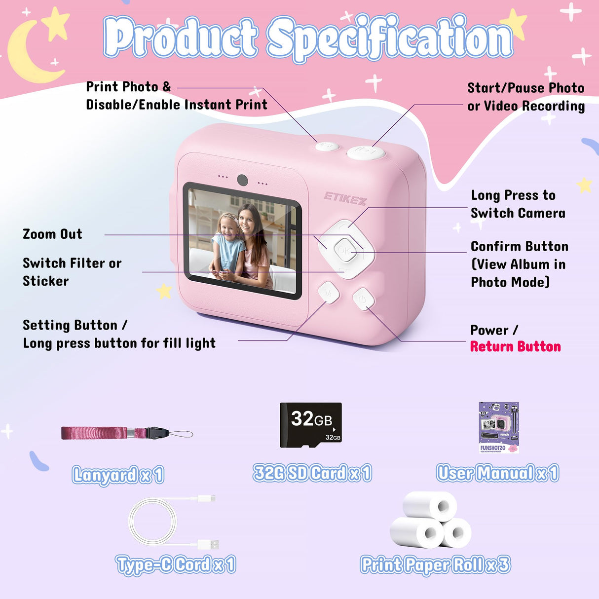 ETIKEZ Kids Camera, 1080P Instant Digital Print Camera for Kids, Christmas Birthday Gifts for 4 5 6 7 8 9 10 Year Old Girls Boys, Portable Toy with 32GB SD Card & 3 Rolls Printing Paper, Pink