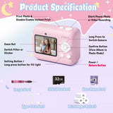 ETIKEZ Kids Camera, 1080P Instant Digital Print Camera for Kids, Christmas Birthday Gifts for 4 5 6 7 8 9 10 Year Old Girls Boys, Portable Toy with 32GB SD Card & 3 Rolls Printing Paper, Pink