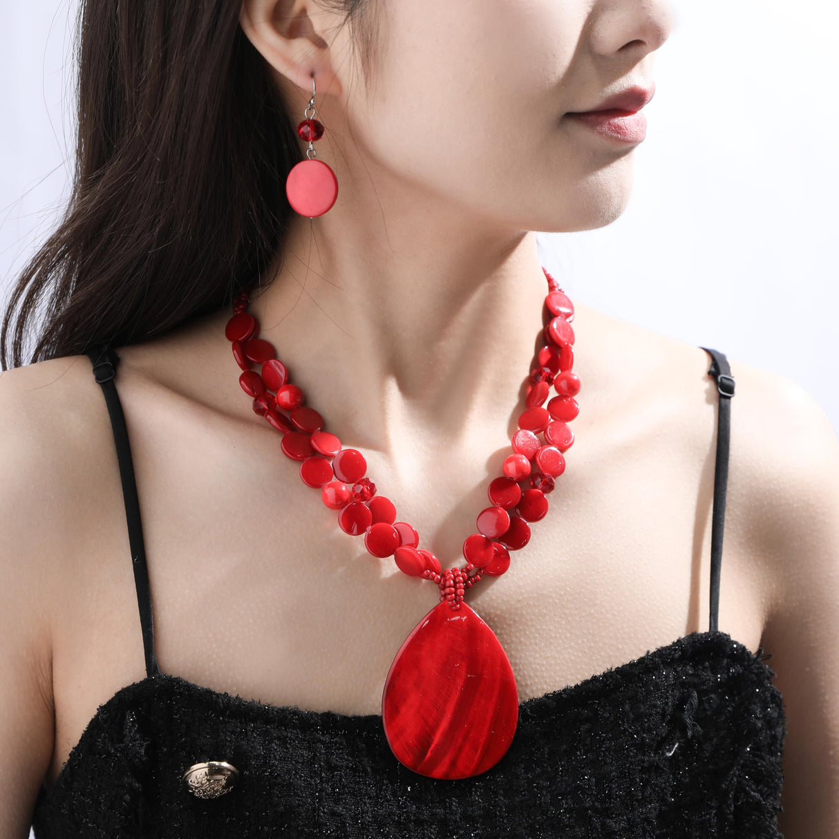 Jules D. Big Teardrop Pendant Necklaces for Women Colorful Beaded Necklaces Statement Set for Holiday. (Red)
