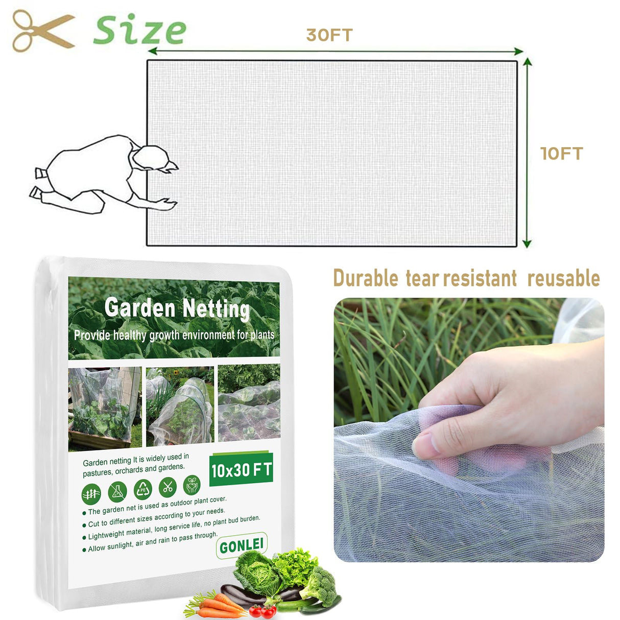 GonLei Garden Netting 10 X 30 FT Ultra Fine Garden Mesh Netting Protection Net Plant Cover Screen Vegetable Row Cover,Blueberry Netting Shrubs Fruits Tree Flowers Garden Screen Barrier Net