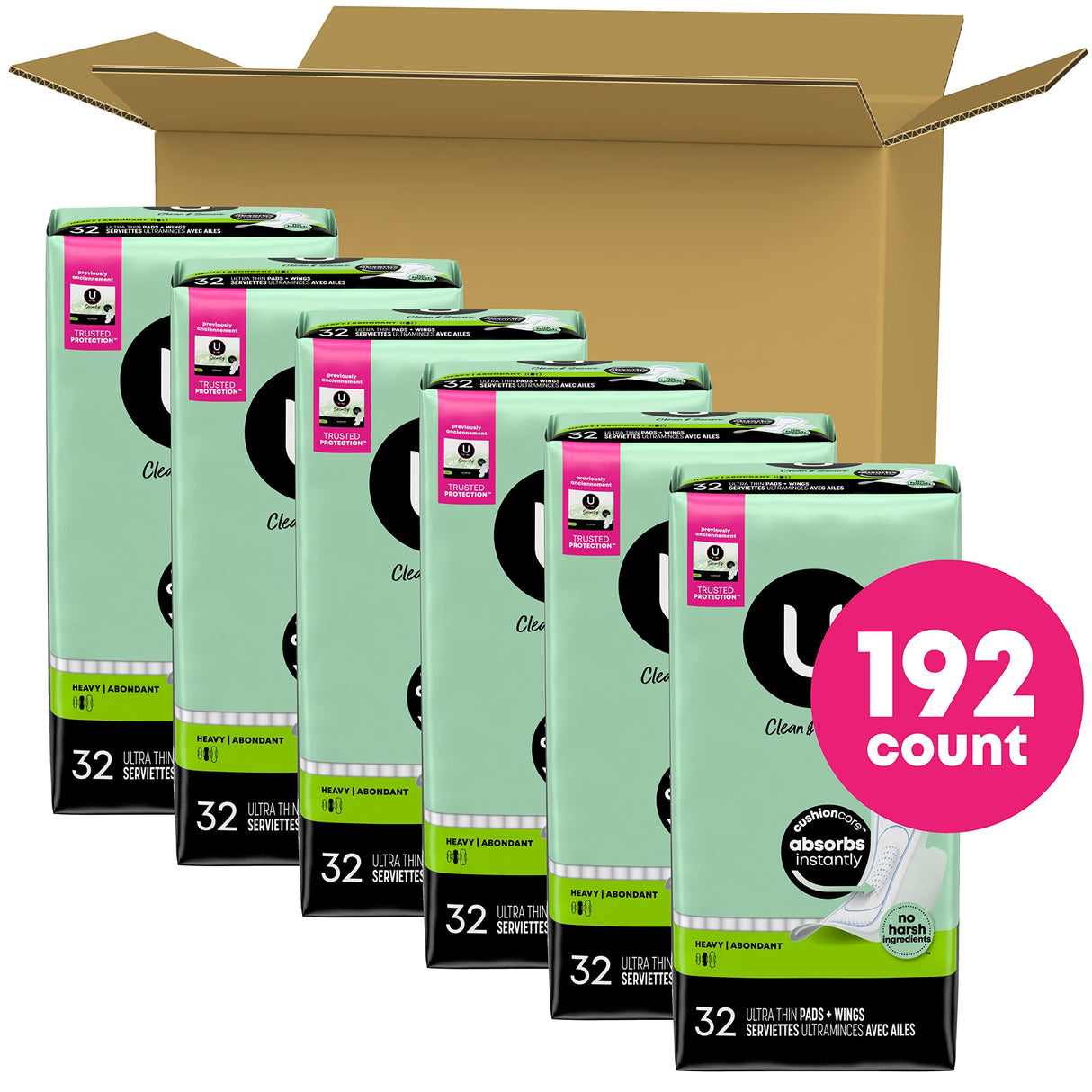 U by Kotex Clean & Secure Ultra Thin Pads with Wings, Heavy Absorbency, 192 Count (6 Packs of 32) (Packaging May Vary)
