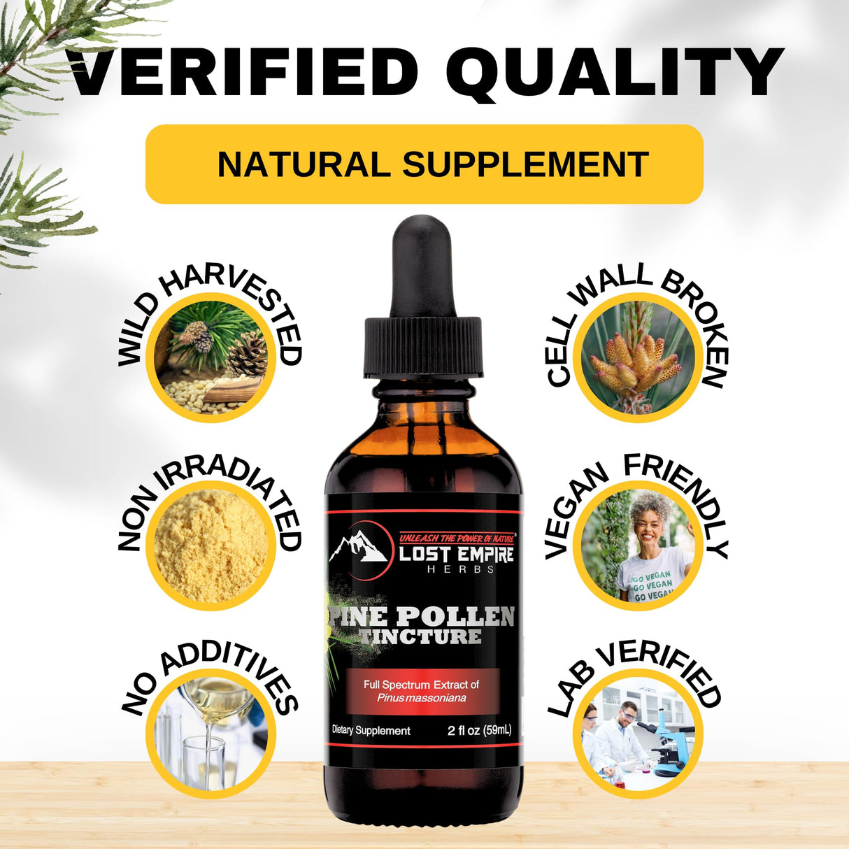 Lost Empire Herbs Pine Pollen Tincture Pine Pollen Liquid Extract for Testosterone - Alcohol Tincture is Superior for Better Absorption, 3rd Party Lab Tested (2 Ounce)